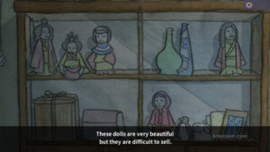 A furniture with dolls in The Doll Shop.