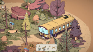 A forest with a school bus in Wind Peaks.