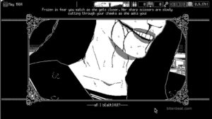 A woman with cut cheeks in World of Horror.