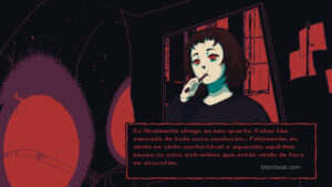 The protagonist brushing her teeth in milk outside a bag of milk outside a bag of milk.