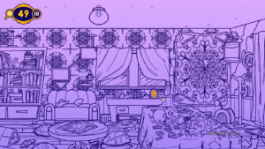 A stage with a purple background in A Building Full of Cats.