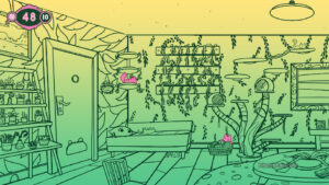 A stage with a green background in A Building Full of Cats.