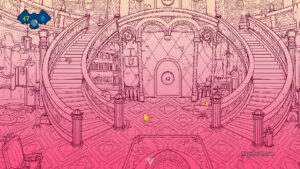 A red stage in A Castle Full of Cats.