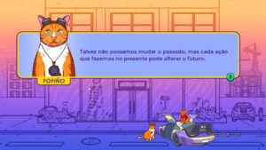 A dialogue moment with Fofiño in An Arcade Full of Cats.