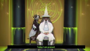 A character dressed in white and a goat in Burn.