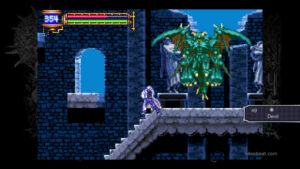 Soma in a room with a fleaman in Castlevania: Aria of Sorrow.