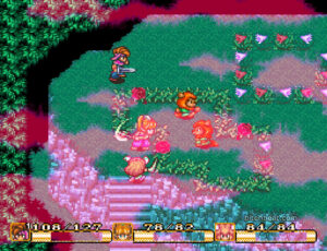 A stage with roses and Chobin Hoods in Secret of Mana.