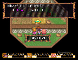 Randi, Primm and Popoi in a shop in Secret of Mana.