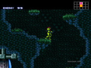 Samus exploring Zebes in Super Metroid.
