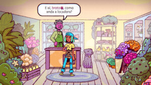 Ali talking to the florist in The Big Con.