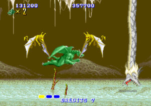 The dragon and some enemies in the second stage of Altered Beast (Arcade)
