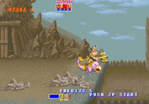 Gilius Thunderhead riding a cockatrice in Golden Axe (Arcade version)