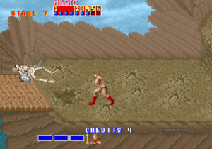Tyris Flare defeating a skeleton in Golden Axe (Arcade version)