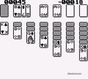 A game of Klondike Solitaire in the Game Boy version of Solitaire FunPak