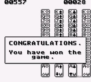 A message congratulating the player on winning a game of Scorpion in the Game Boy version of Solitaire FunPak